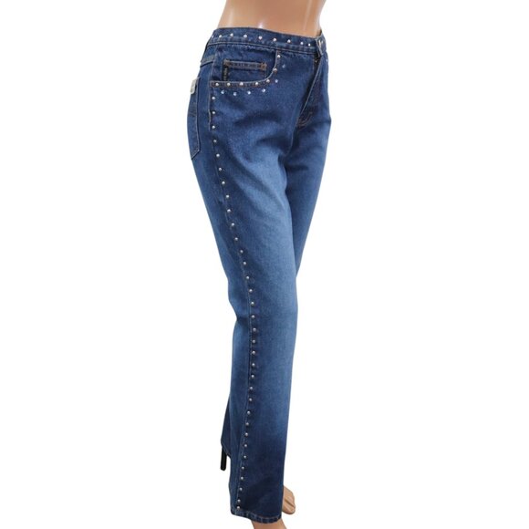 DESIGNER style High Waist Studded Rhinestone Denim Jeans Bootleg 30 - Picture 3 of 9